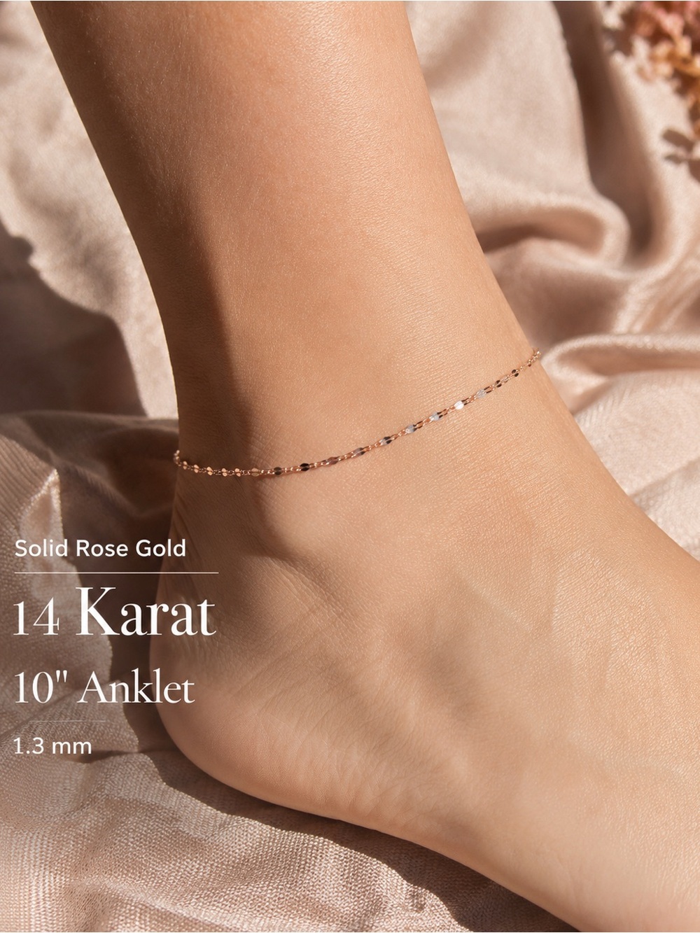 14K Solid Rose Gold Mirror Link Anklet 10” 1.3mm – New